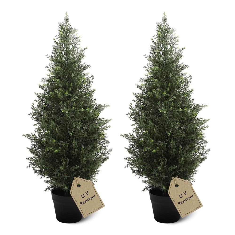 3ft Artificial Cedar Topiary Trees for Outdoor - Set of 2 Potted Faux Shrubs