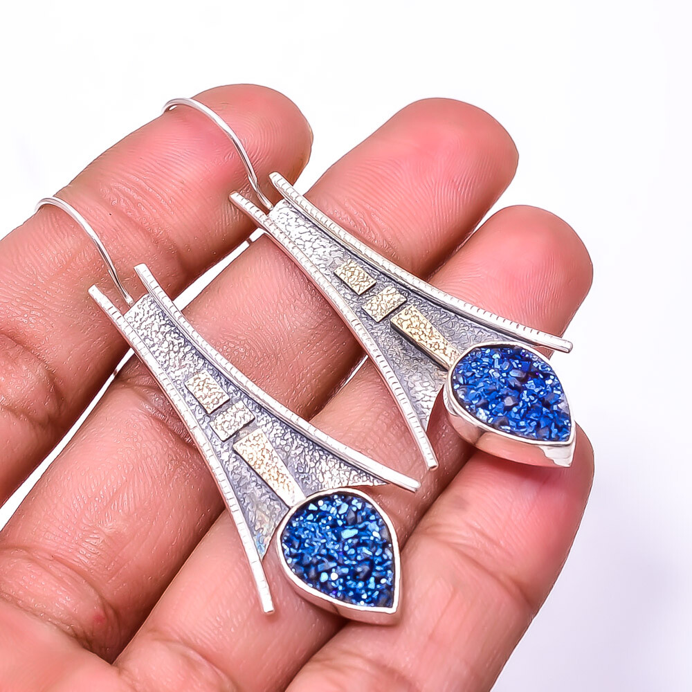 Electric Blue Titanium Agate Drusy Oxidised Designer 925 Silver Earring 2.34