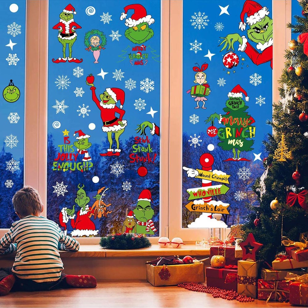 9 Sheets Christmas Window Clings Sticker Xmas Window Decals Winter Decor Wind...