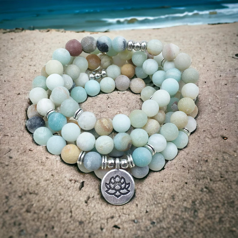 Natural Amazonite 108 Mala Beads Necklace Lotus Healing Wrap Bracelet Gift