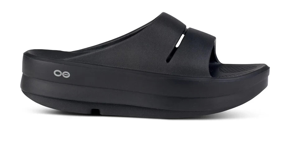 OOFOS OOmega OOahh Stacked Heel Womens Slide Sandals Size 8 Black New