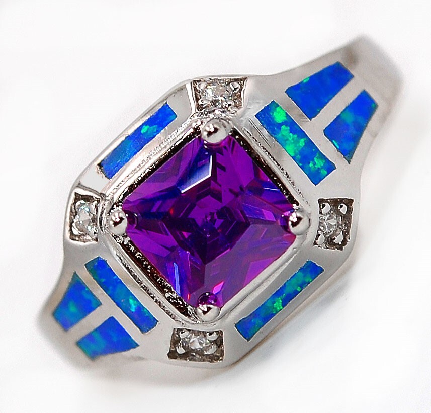 2CT Amethyst Australian Opal Inlay Sterling Silver Ring Size 7 Jewelry BA1