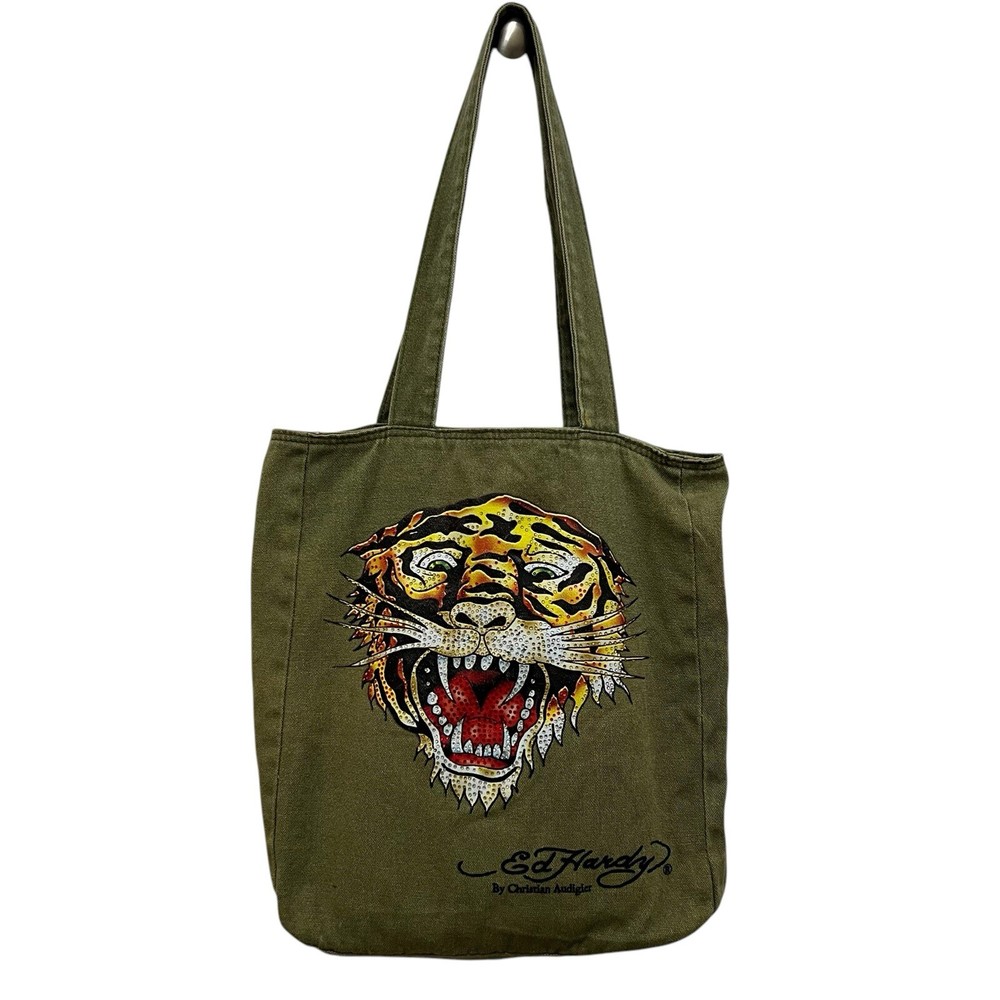 Ed Hardy Green Cotton Canvas Tote Book Bag Tiger Print with Rhinestone Details