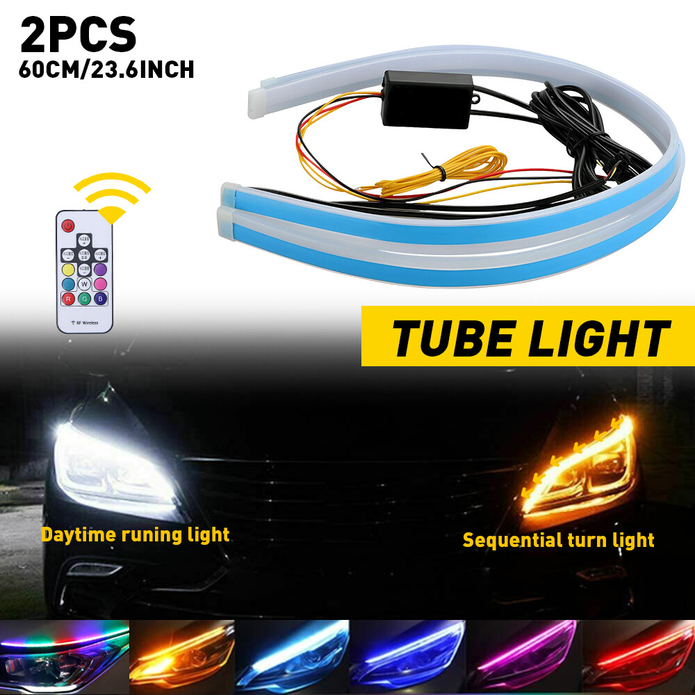 2/60CM RGB Slim Sequential Flexible LED DRL Turn Signal Strip Remote Headligh M