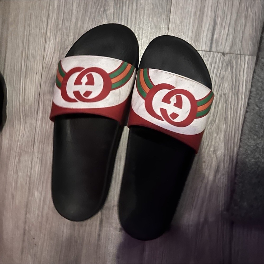 Gucci Logo Slide Sandals Black White Red Green Men's Size 11