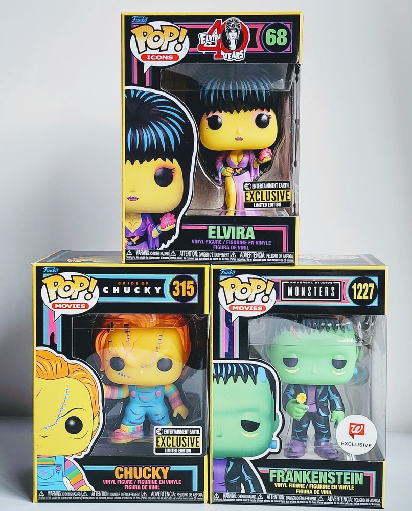 Funko Pop: Black Light Horror Lot of 3 - Elvira, Chucky, Frankenstein