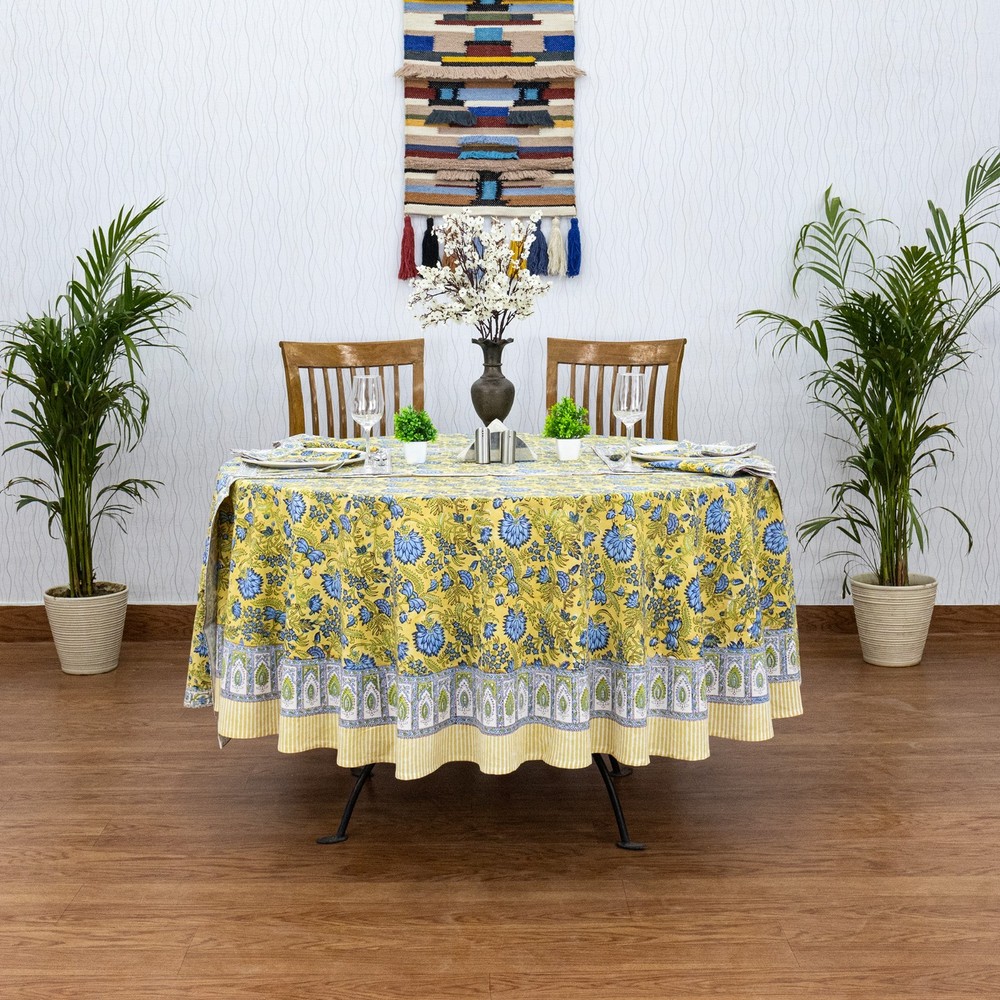 Handblock Printed Round Cotton Tablecloth For Dinning, Home Decor Table Linens