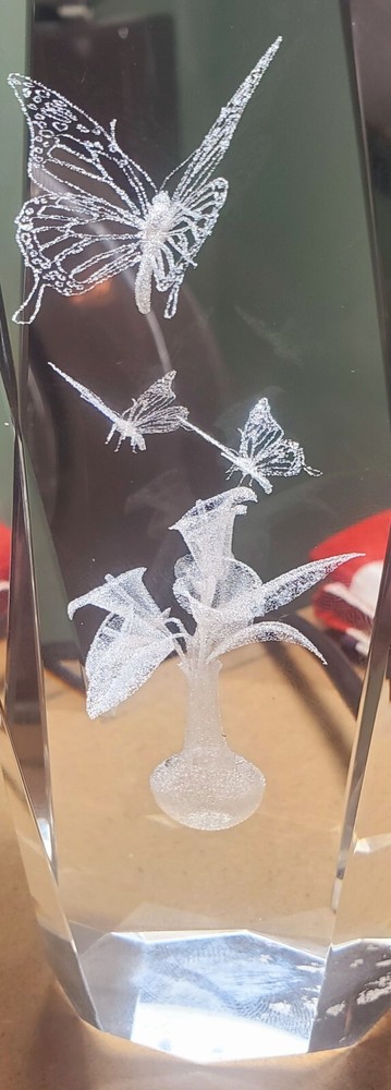 3D Laser Engraved Flowers & Butterflies Crystal Glass Block Paperweight Decor 6