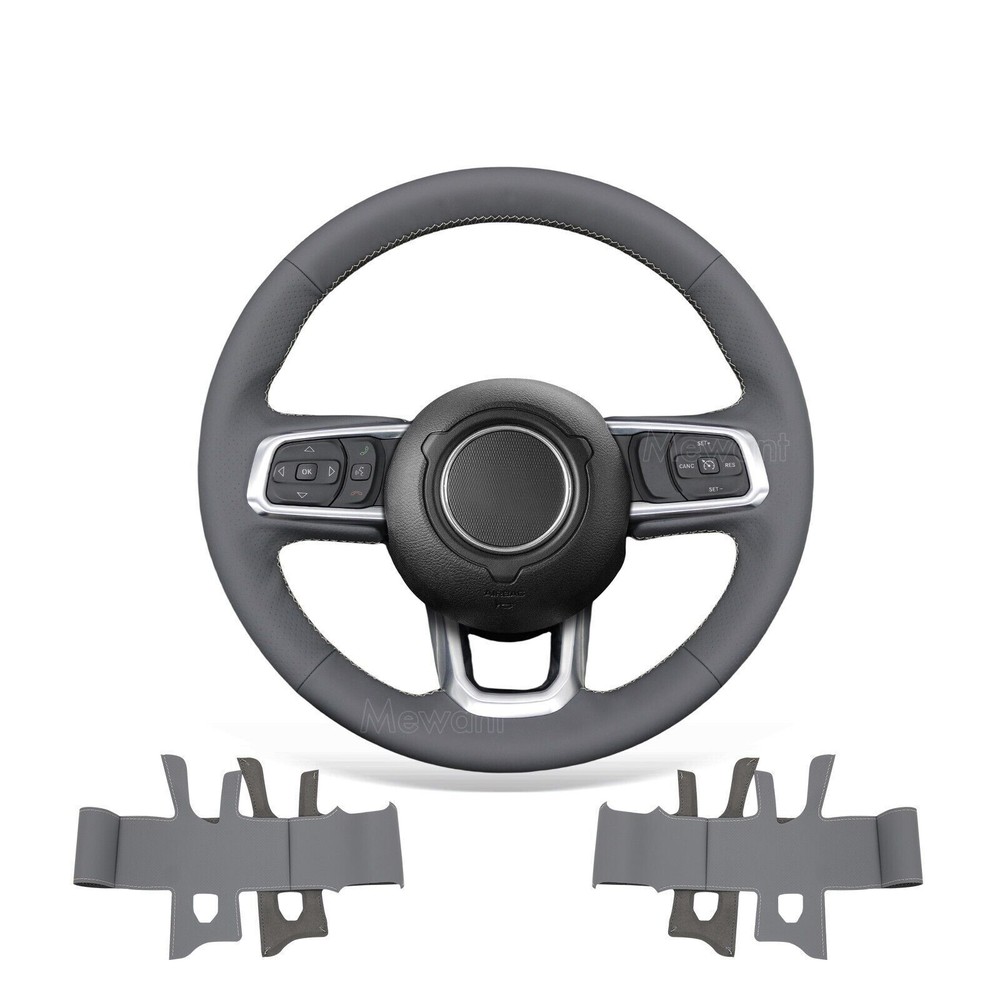Hand Stitch DIY Gray PU Leather Steering Wheel Cover for Jeep Gladiator Wrangler