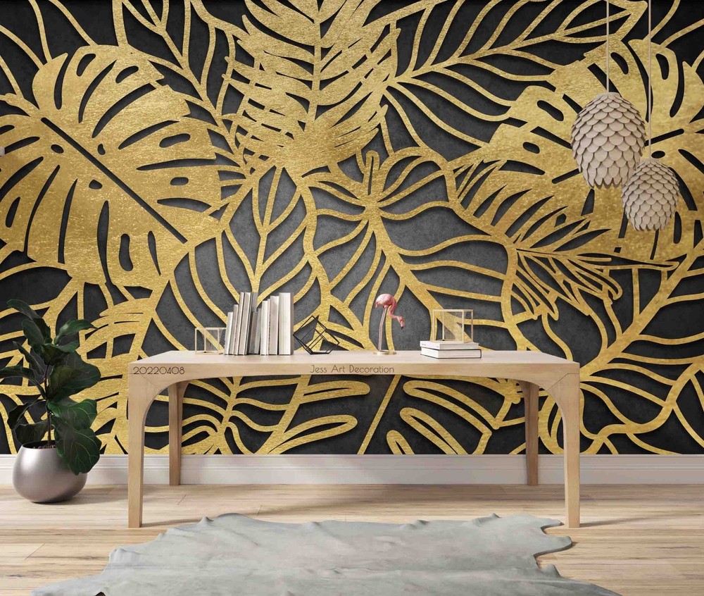 3D Gold Plants Leaves Wall Murals Wallpaper Murals Wall Sticker