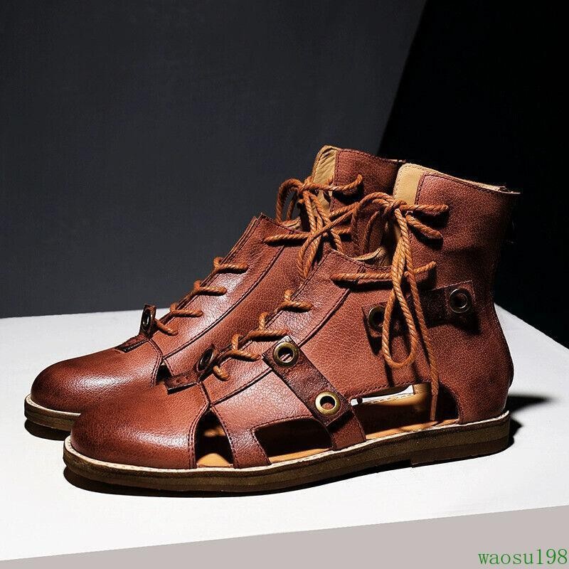 Vintage Mens Sandals Roman Gladiator Boots Lace Up Hollow Out Real Leather Shoes
