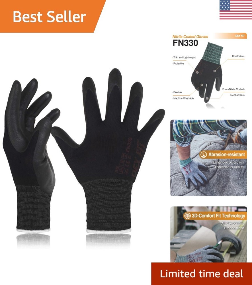 Nitrile Coated Work Gloves FN330 - 3 Pairs Touchscreen Grip Black Size S