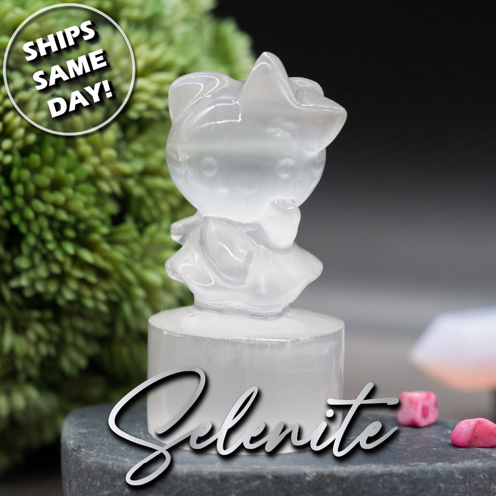 Selenite Dancing Hello Kitty Anime Kawaii Figurine Crystal Carving Gemstone Gift