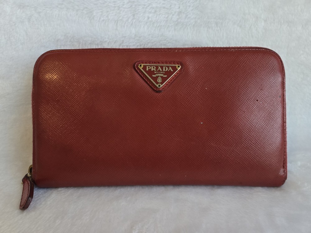 Prada Red Leather Triangle Zip Wallet with Card Slots Gift Included
