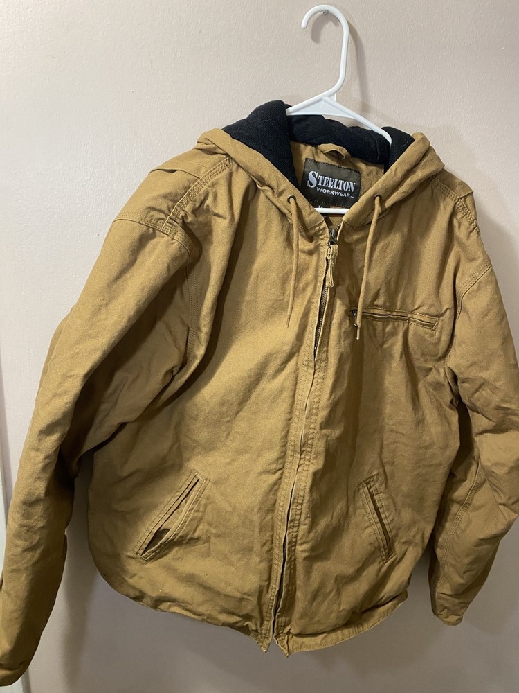 Steelton Workwear Jacket Mens Medium Brown Quilted Lined Cotton Hooded Full Zip