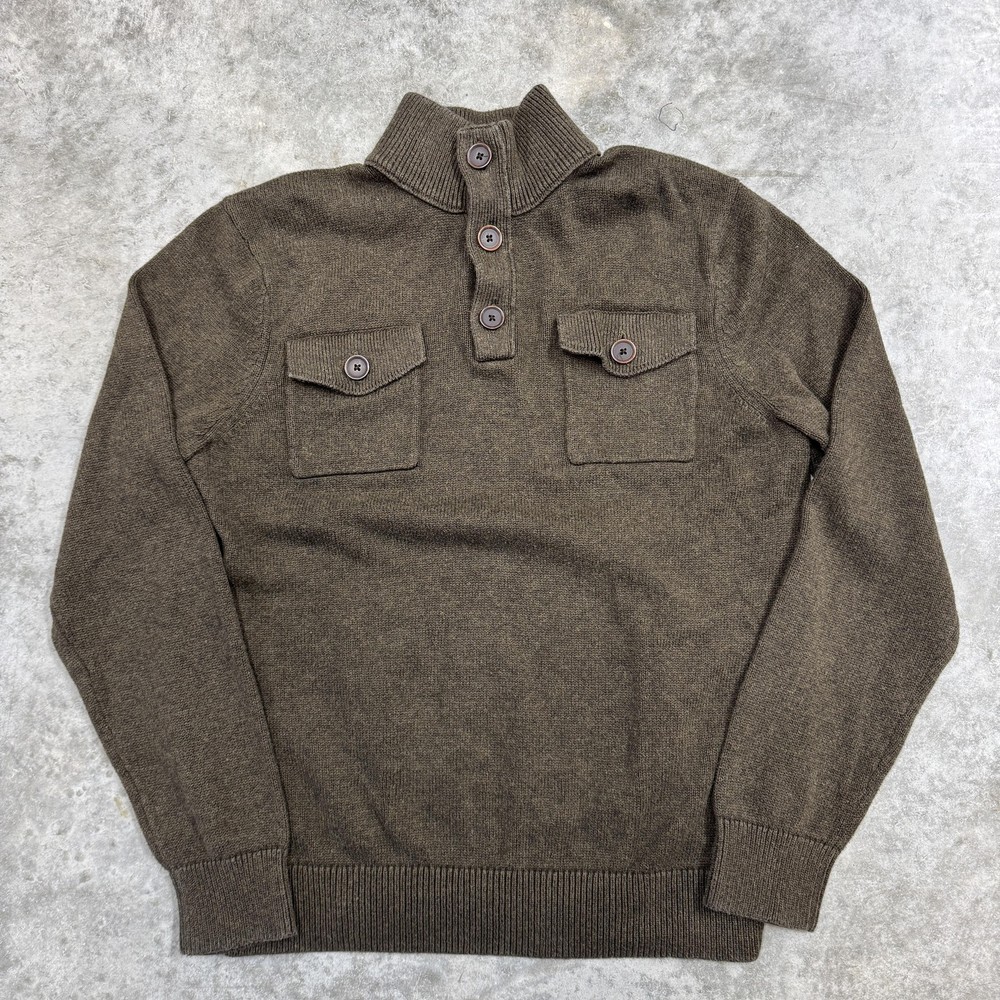 Banana Republic Sweater Mens Medium Brown Mock Neck Button Pullover Cotton