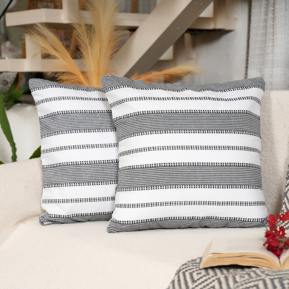 Decorative Striped Cotton Linen Cushion Cover Set of 2 for Sofa & Bed Home Decor