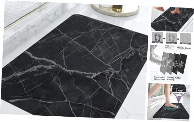 Non-Slip Quick Dry Bath Mat 16x24 Inches Super Absorbent Black Rectangle Rug