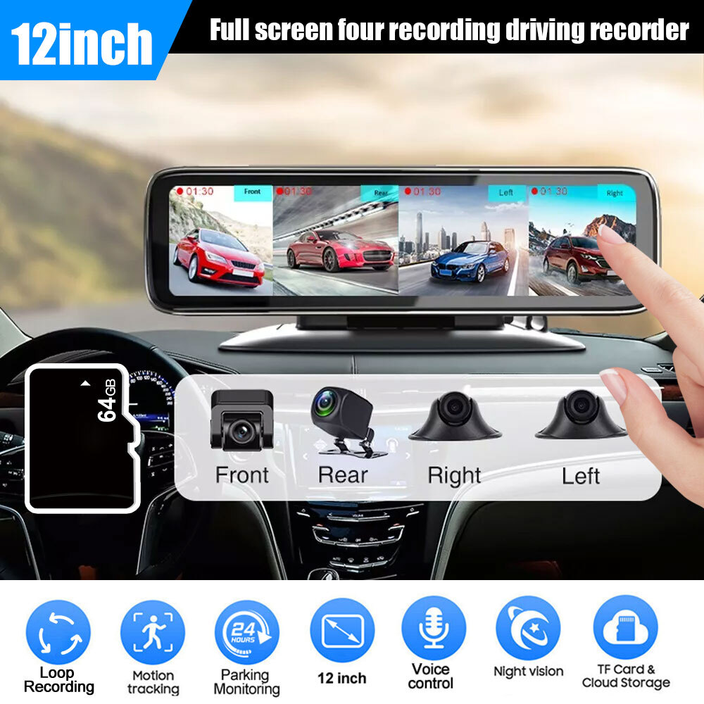 12in Touch Screen 4 Cameras Dash Cam 360° Panoramic Monitoring Recorder w/ 64GB