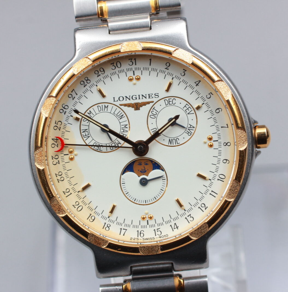 Longines Conquest 4010 Moon Phase Mens Vintage Quartz Watch 33mm Serviced  