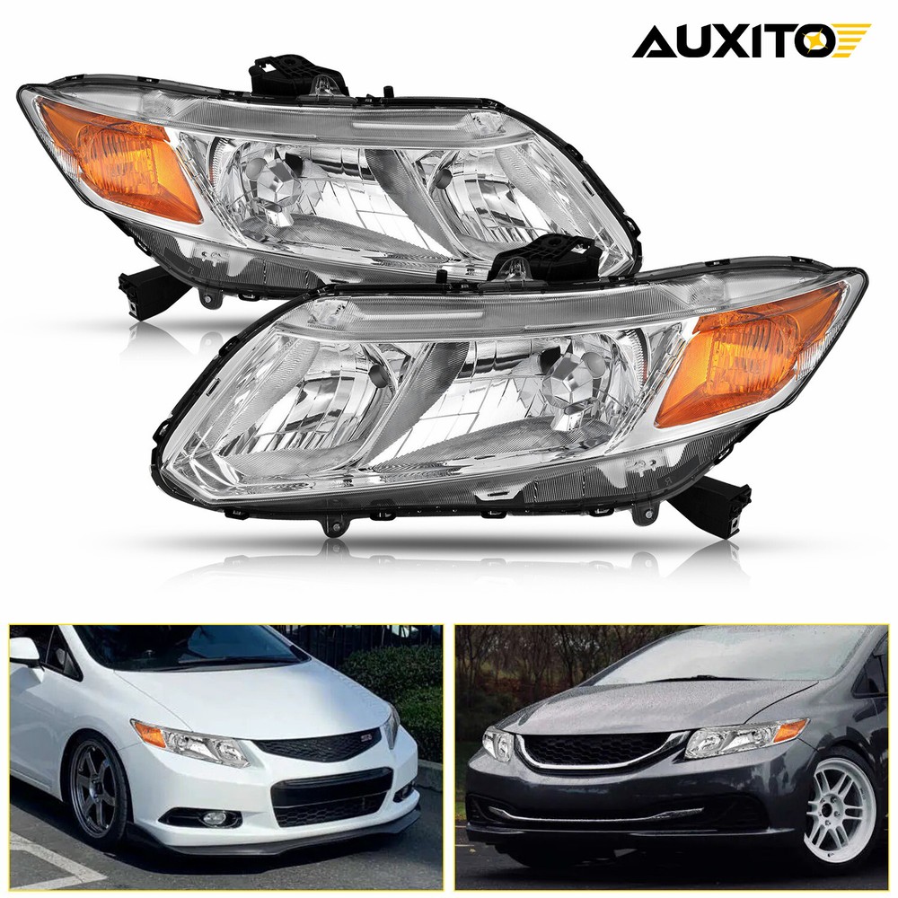 For 2012-2015 Honda Civic Chrome Housing Headlights Headlamp Assembly Left+Right