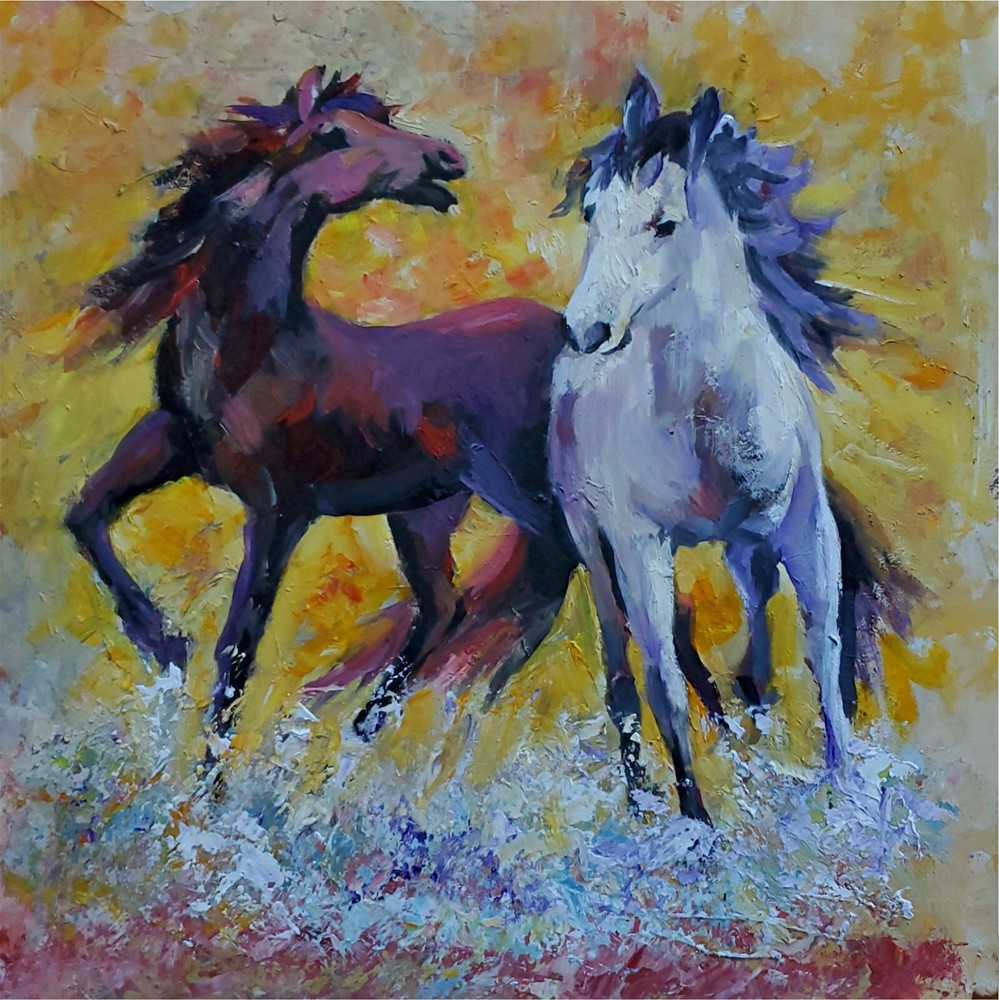 ANDRE DLUHOS Horses Equine Stallion Fire Water Animals Original Art Oil Painting