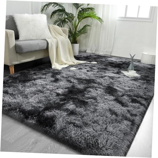 Large Area Rugs for Living Room, 4x6 Feet Tie-Dyed Black and Grey Shaggy Rug