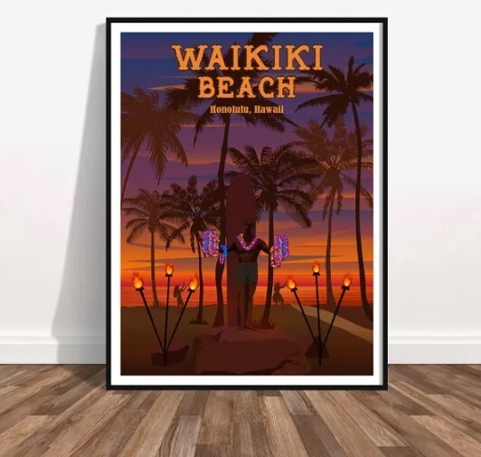 Waikiki Beach Print- Wall Art Vacation Print Poster- Night Scene