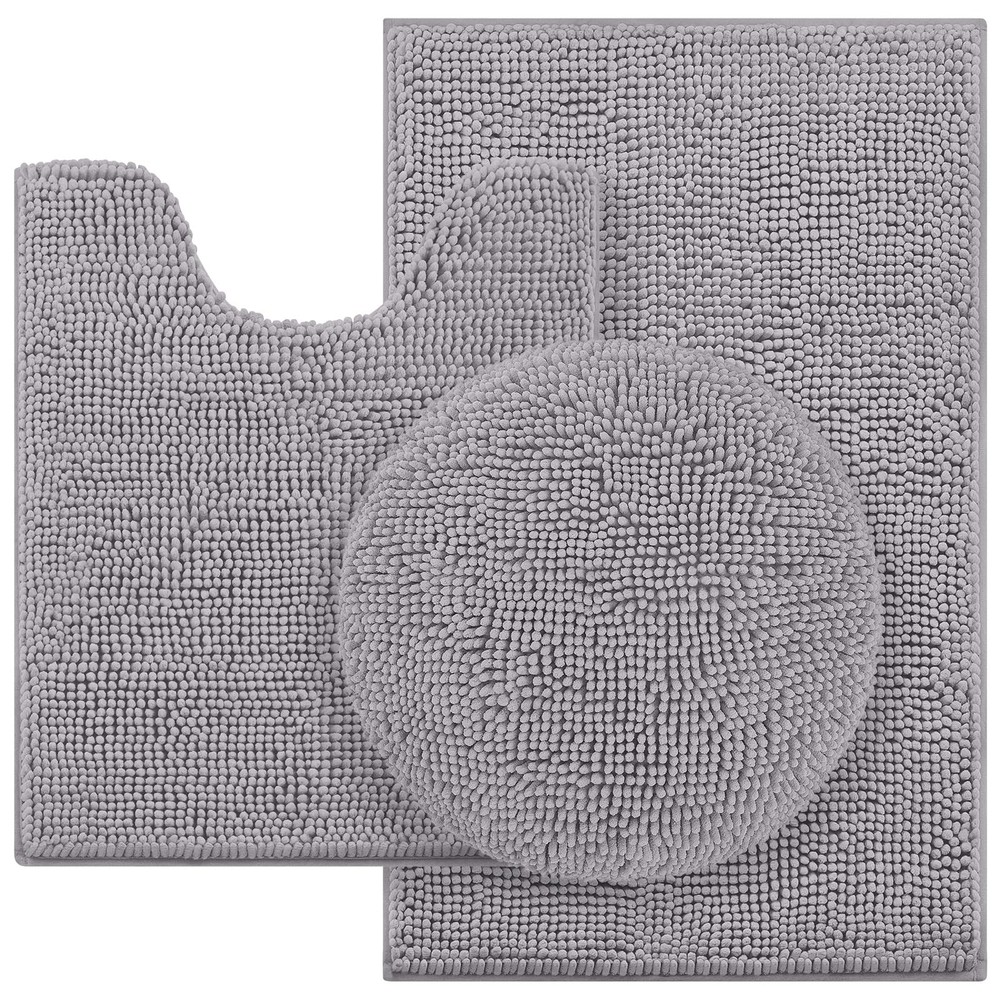 Soft Non-Slip Grey Chenille Bathroom Rug Set 3-Piece Absorbent