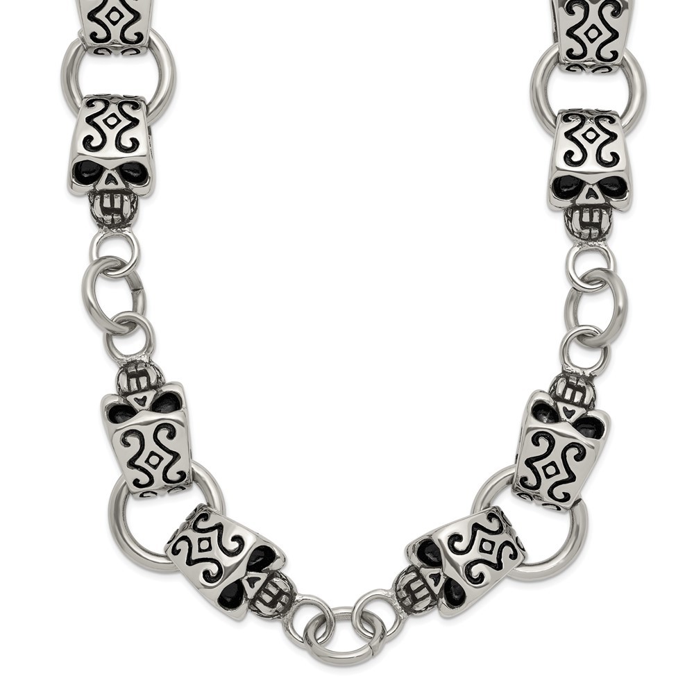 Stainless Steel Antiqued and Polished Skull Necklace 24