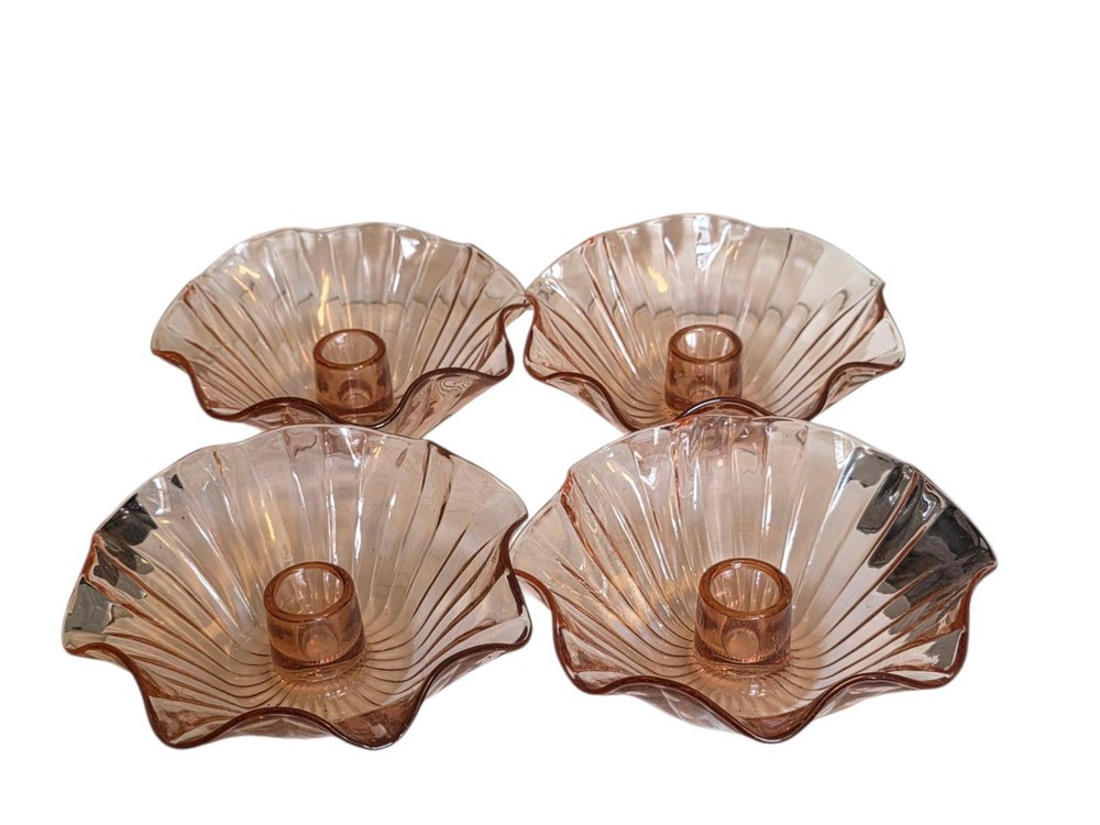 Vintage Pink Depression Glass Candlestick Holders Set of 4 Fluted Fan Shell