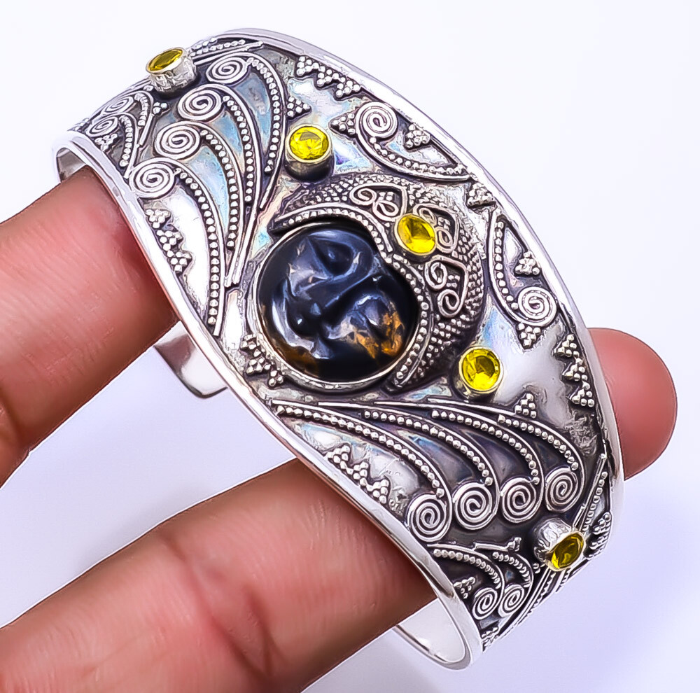 Copper Black Turquoise Citrine 925 Sterling Silver Bali Cuff Bracelet 6.99 Inch C_9215_58_9