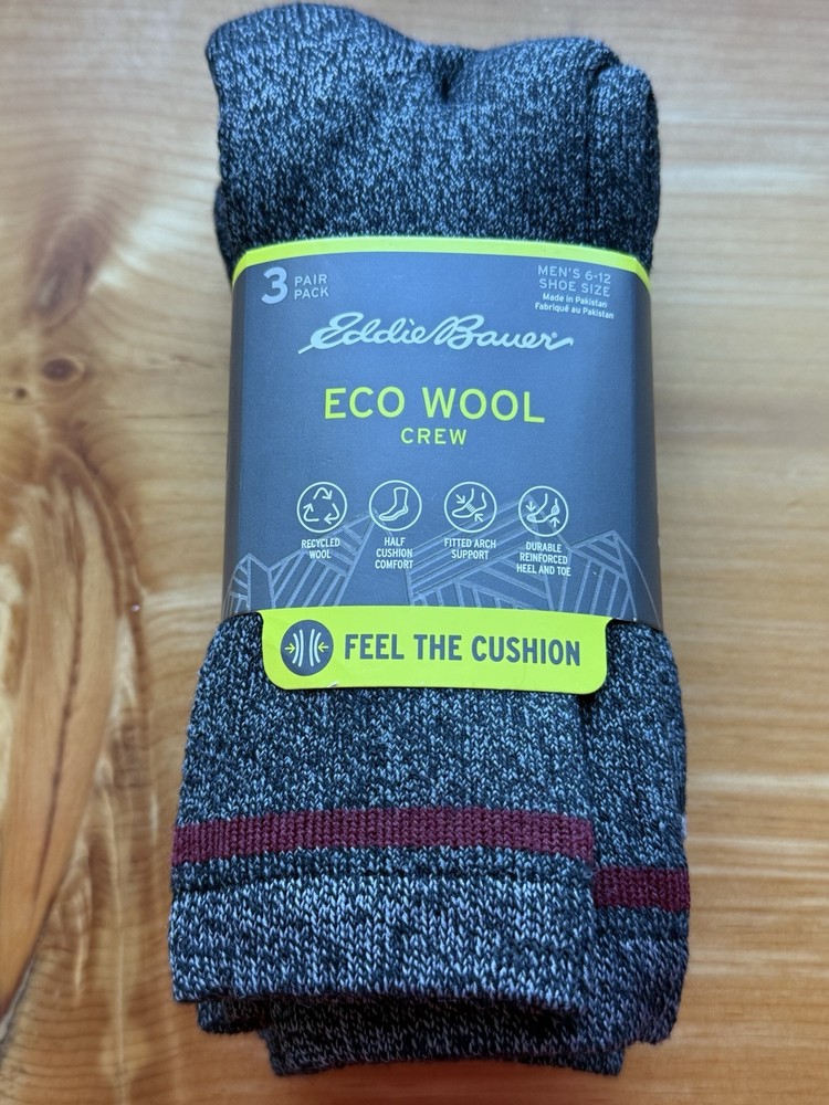 Eddie Bauer Men's 3-Pack Eco Wool Hiker Crew Socks Light Black Winter Outdoor