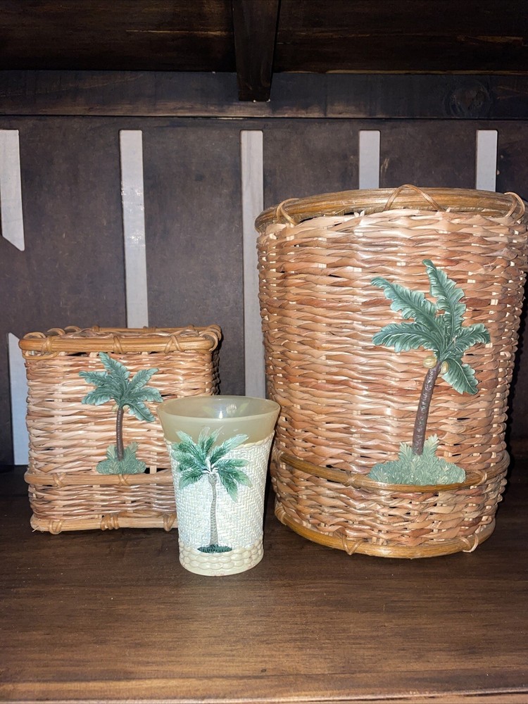 Vintage Palm Tree Wicker Rattan Bathroom Set with Waste Basket Tissue Cover Toothbrush Cup