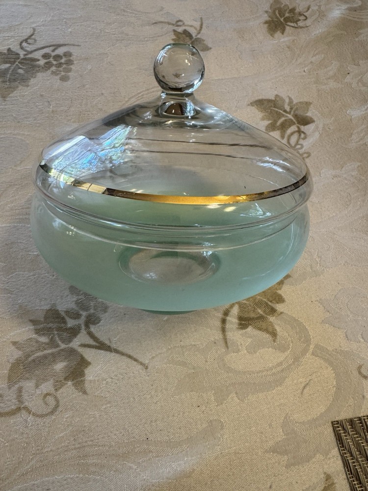 Vintage green Satan glass candy dish with gold rimmed lid - possibly Empoli