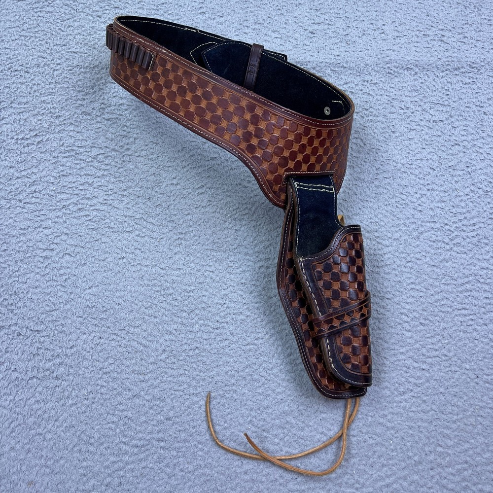Western Leather Holster Gun Belt Checker Brown Cowboy Revolver Pistol