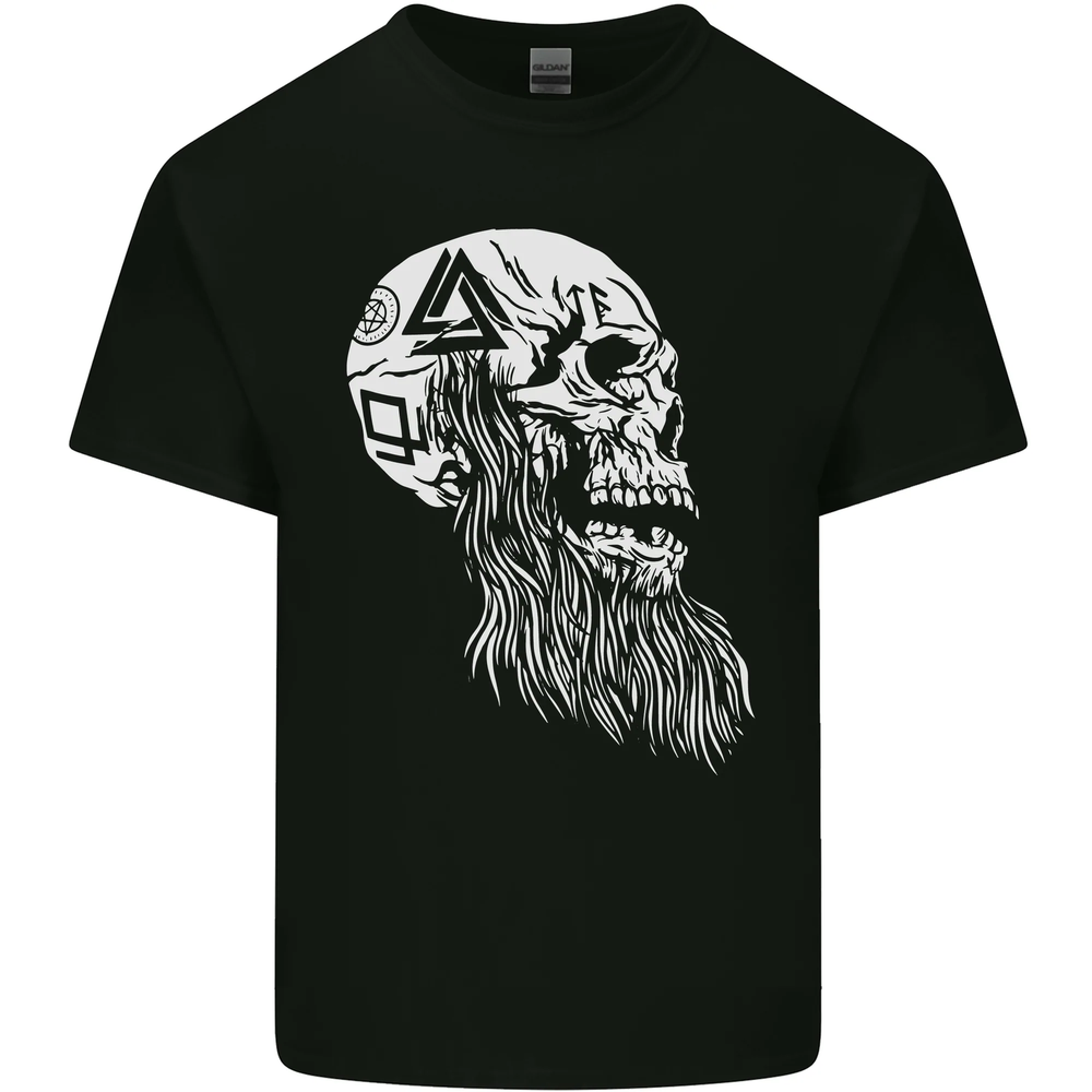 Viking Skull With Beard and Valknut Symbol Mens Cotton T-Shirt Tee Top
