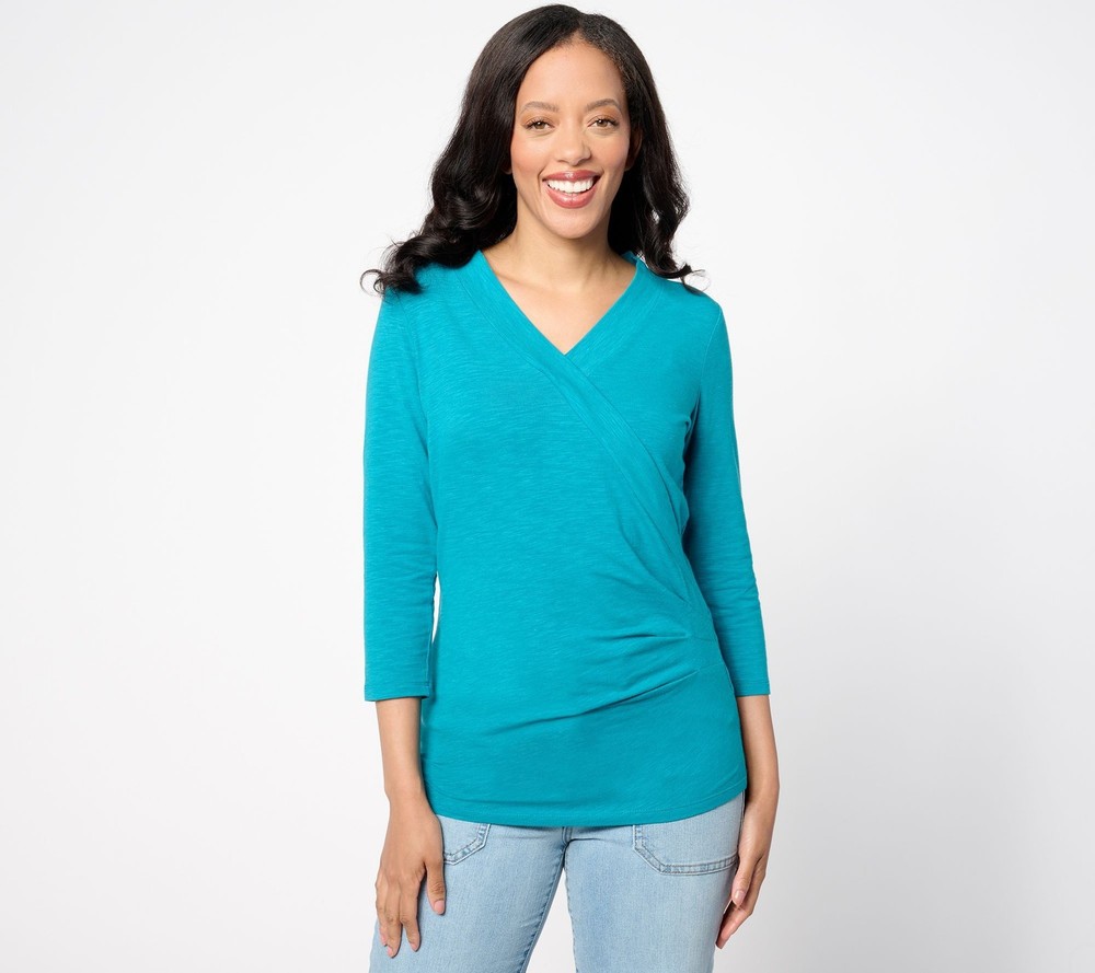 Belle by Kim Gravel Women's Top Sz M Slub Knit Faux Wrap Blue A651235