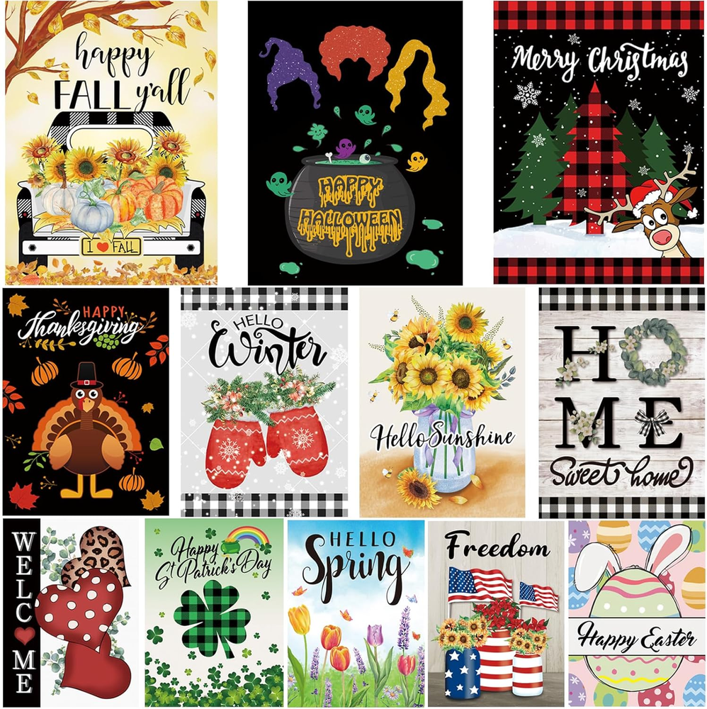 Seasonal Garden Flags Set of 12 Double Sided 12 X 18 Inch, Small Yard Flags for-image