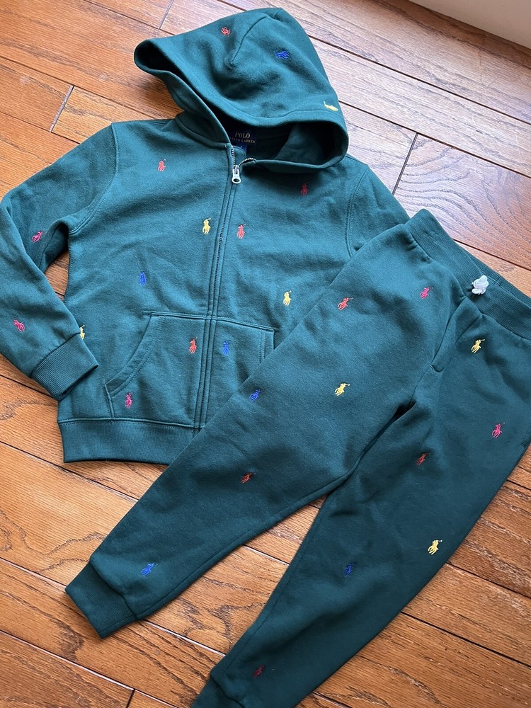 Polo Ralph Lauren Green Logo Sweatsuit Set Kids 6/7 Hoodie Joggers EUC
