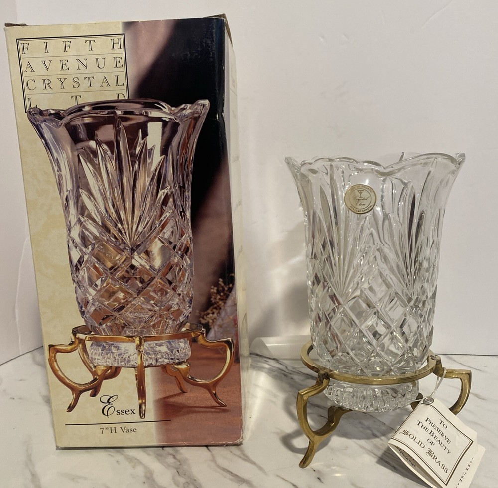 VTG Fifth Avenue Crystal Vase On Brass Pedestal - Essex Design - Made In Poland