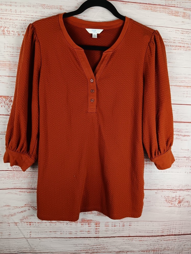 Time and Tru Womens Brown 3/4 Sleeve V-Neck Pullover Blouse Size Small 4-5 CH