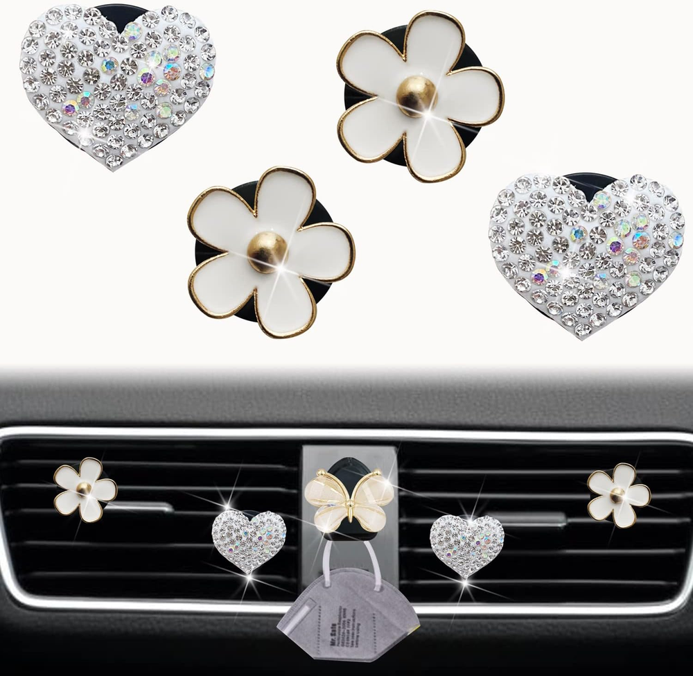 Bling Heart & Flower Air Vent Clips, 4 Pcs White Daisy Car Air Fresheners Vents