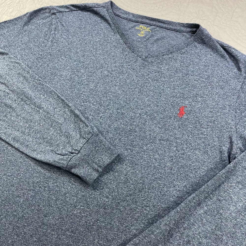 Polo Ralph Lauren Shirt Mens Medium Heather Gray Long Sleeve V-Neck Pony Cotton