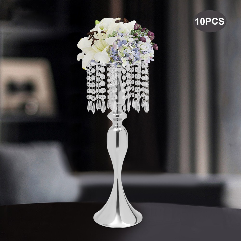 10 PCS Silver Metal Flower Vase Table Centerpieces with Crystal Stands for Weddings