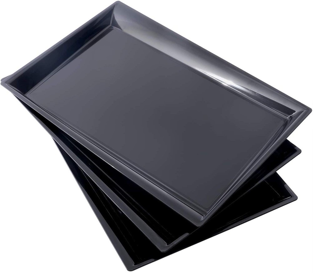 12 Pack Black Plastic Serving Trays 15x10 Inches for Fast Food or Catering