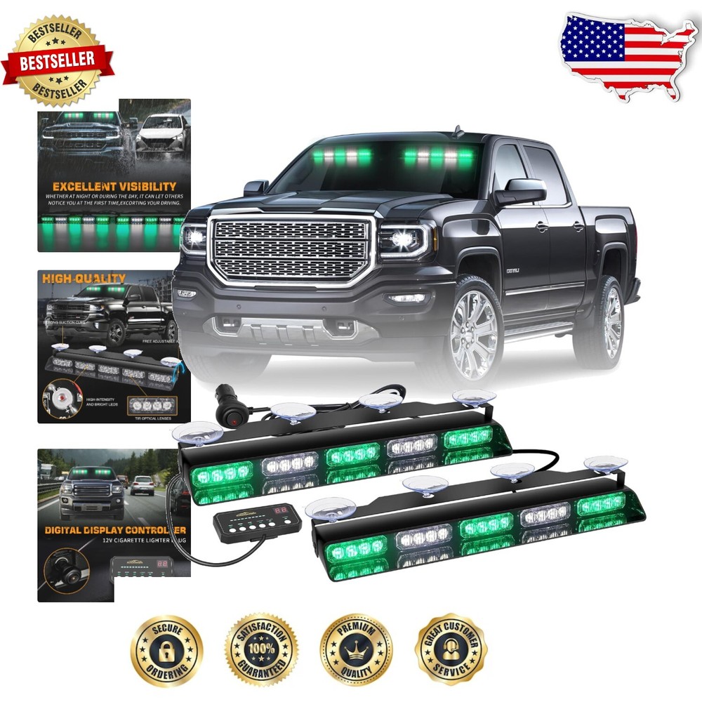 Bright Green/White Strobe Lights for Emergency Vehicles - Easy Suction Cup Mount