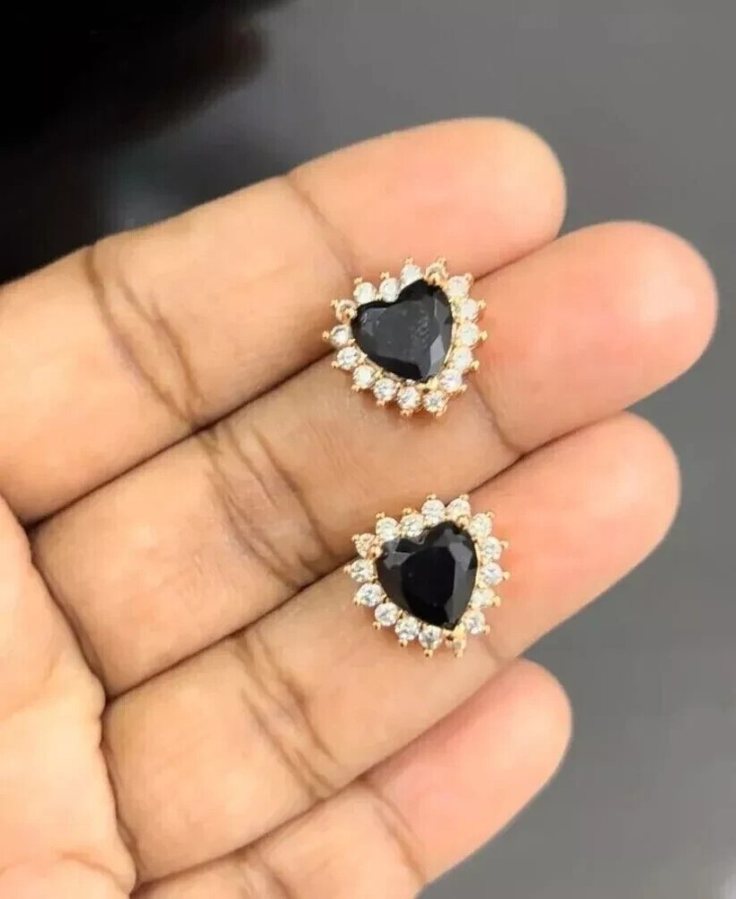 2Ct Heart Cut Black Moissanite Halo Stud Wedding Earrings 14K Yellow Gold Plated