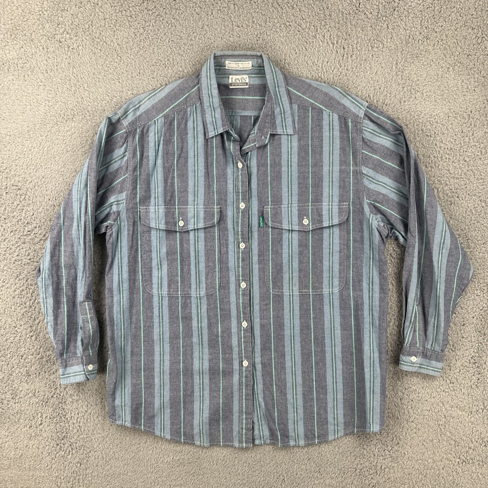 Vintage Levi’s Sportswear 90s Large Striped Button Up Shirt Green Tab Levi’s EUC