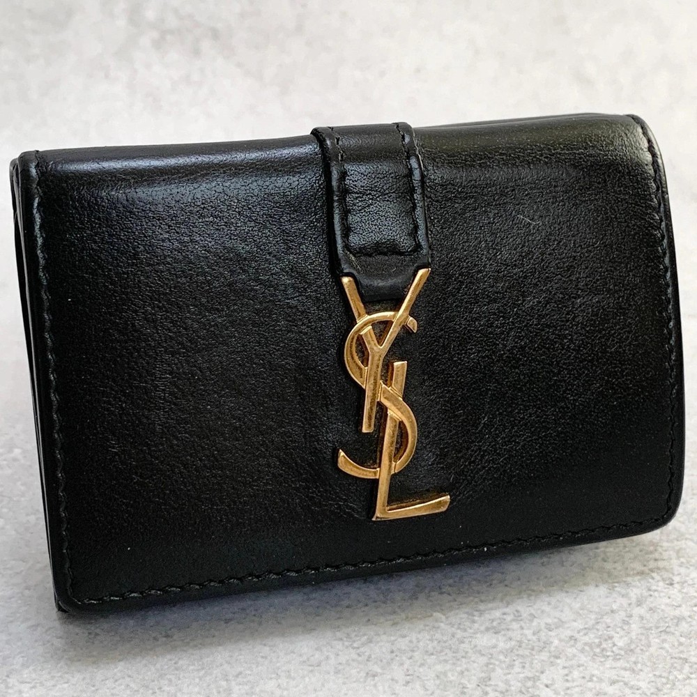 Saint Laurent YSL Cassandra Tri-fold Wallet Black Gold Leather Authentic Pre-Owned